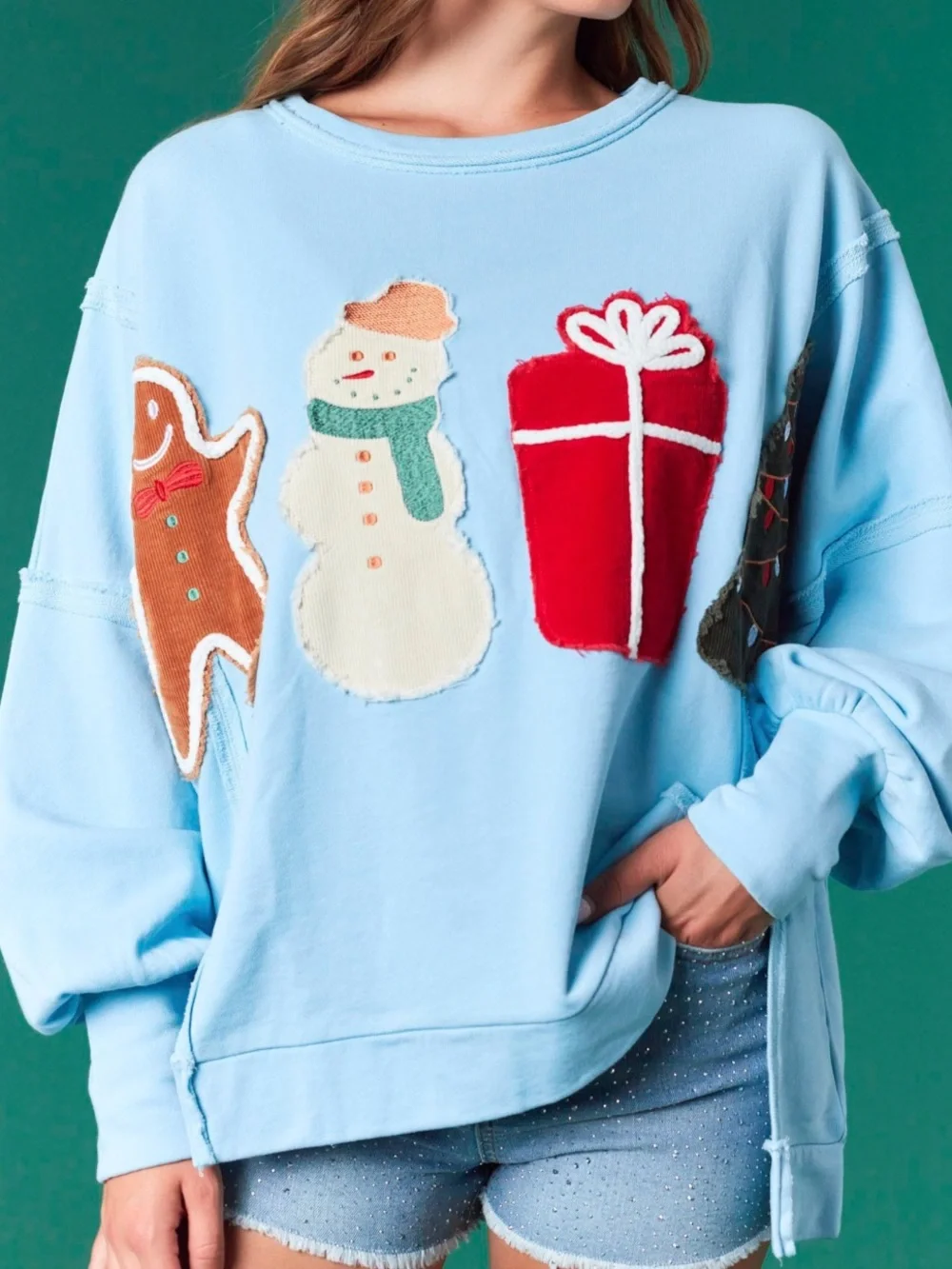 W1–🤍🩵🎄☃️ (SHIPPED 8/6) Fantastic Fawn Light Blue Holiday Appliqué Sweatshirt